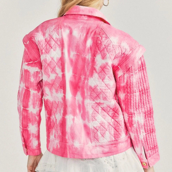 LoveShackFancy Adelade Pink Tie Dye Bohemian Preppy Button Down Denim Jacket - Picture 3 of 12